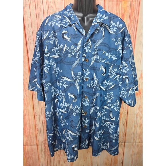 ExOfficio Mens Hawaiian Shirt XXL Blue Floral & Fish Pattern - Picture 1 of 9